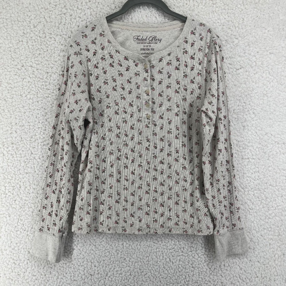 VTG Faded Glory Womens L Henley Top Floral Ribbed Oatmeal Long Sleeve Stretch